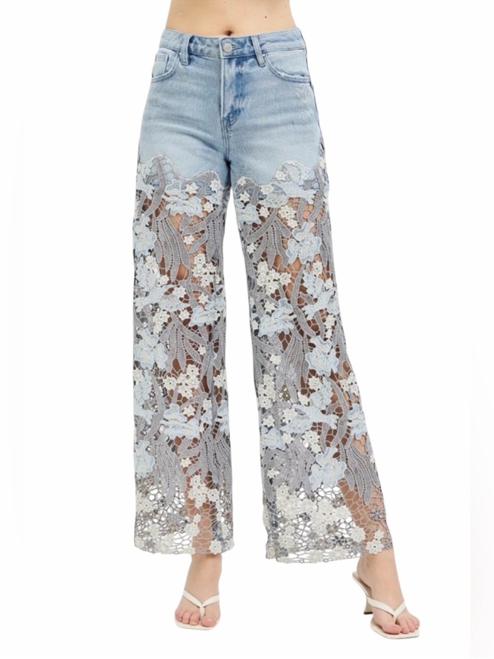 Risen HighRise WideLeg Floral Lace
Overlay Jeans Light Wash